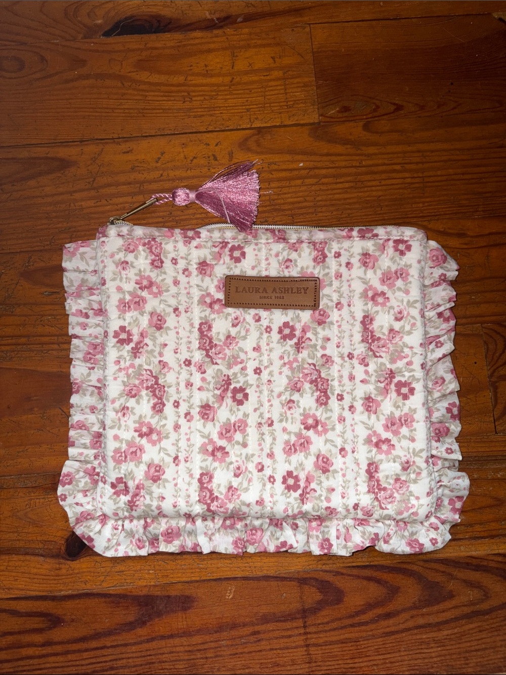 Laura Ashley Pink Floral Quilted Ruffle Cosmetic Bag with Tassel